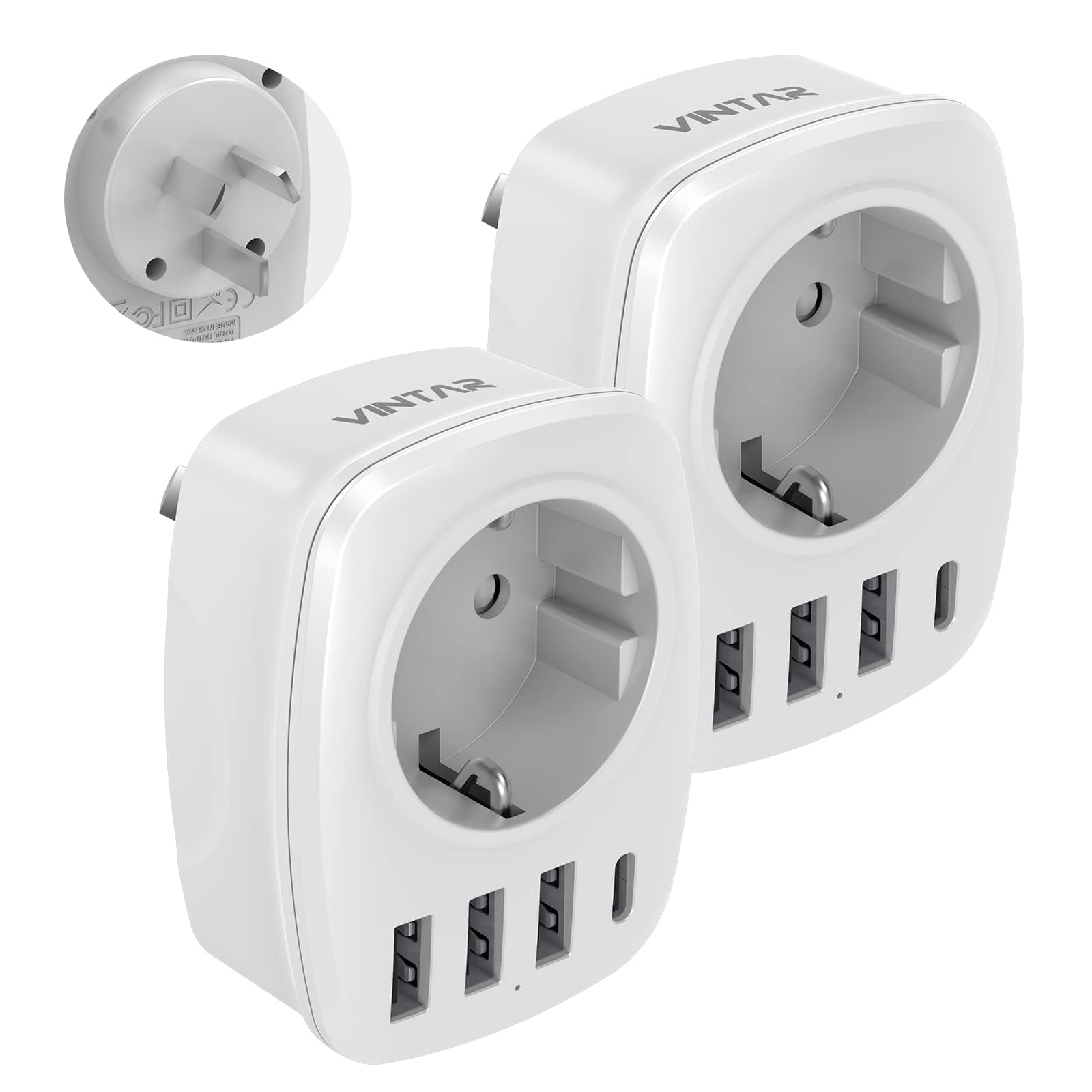 VINTAR 2PC Adapter Australien, 5 in1 Steckeradapter, mit 3 USB-Anschlüssen und 1 USB-C-Anschluss,passend für Australien,China,Neuseeland Reiseadapter,weiß-TypI