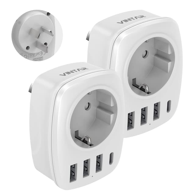 VINTAR 2PC Adapter Australien, 5 in1 Steckeradapter, mit 3 USB-Anschlüssen und 1 USB-C-Anschluss,passend für Australien,China,Neuseeland Reiseadapter,weiß-TypI
