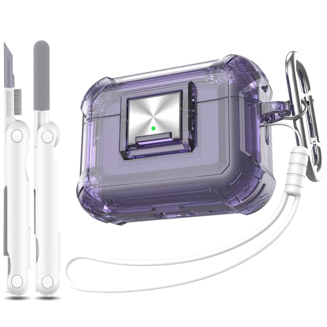RFUNGUANGO Kompatibel mit AirPods Pro 2/1 Generation Hülle (2023/2022/2019) mit Schloss, Klares, weiches, transparentes, stoßfestes Gehäuse in Militärqualität mit Reinigungsset,Violett klar D-Violett klar