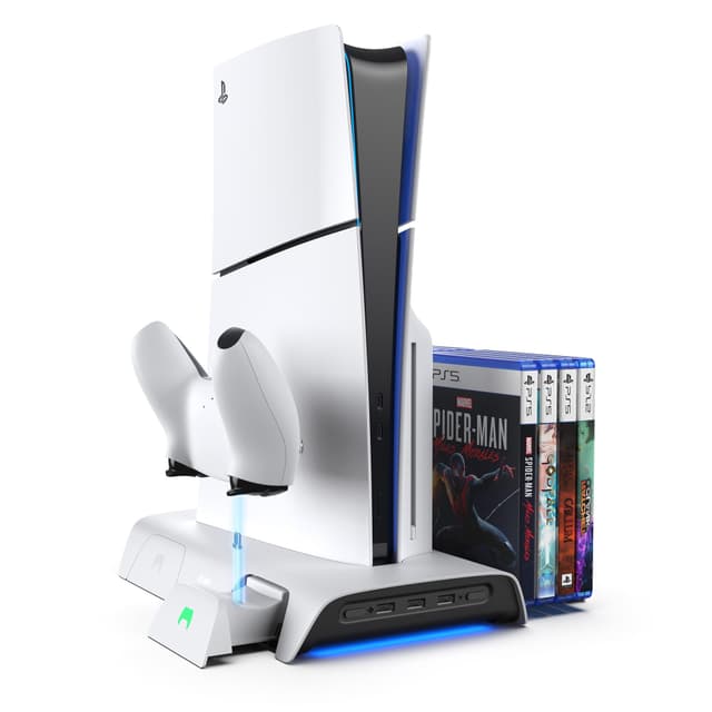 KIWI design D3 PS5 Slim Kühlstand und Ladestation mit RGB-Controller für PS5 Slim Konsole, PS5 Controller Ladegerät, PS5 Slim Zubehör mit 2 Stufigem Kühlventilator