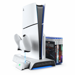 KIWI design D3 PS5 Slim Kühlstand und Ladestation mit RGB-Controller für PS5 Slim Konsole, PS5 Controller Ladegerät, PS5 Slim Zubehör mit 2 Stufigem Kühlventilator