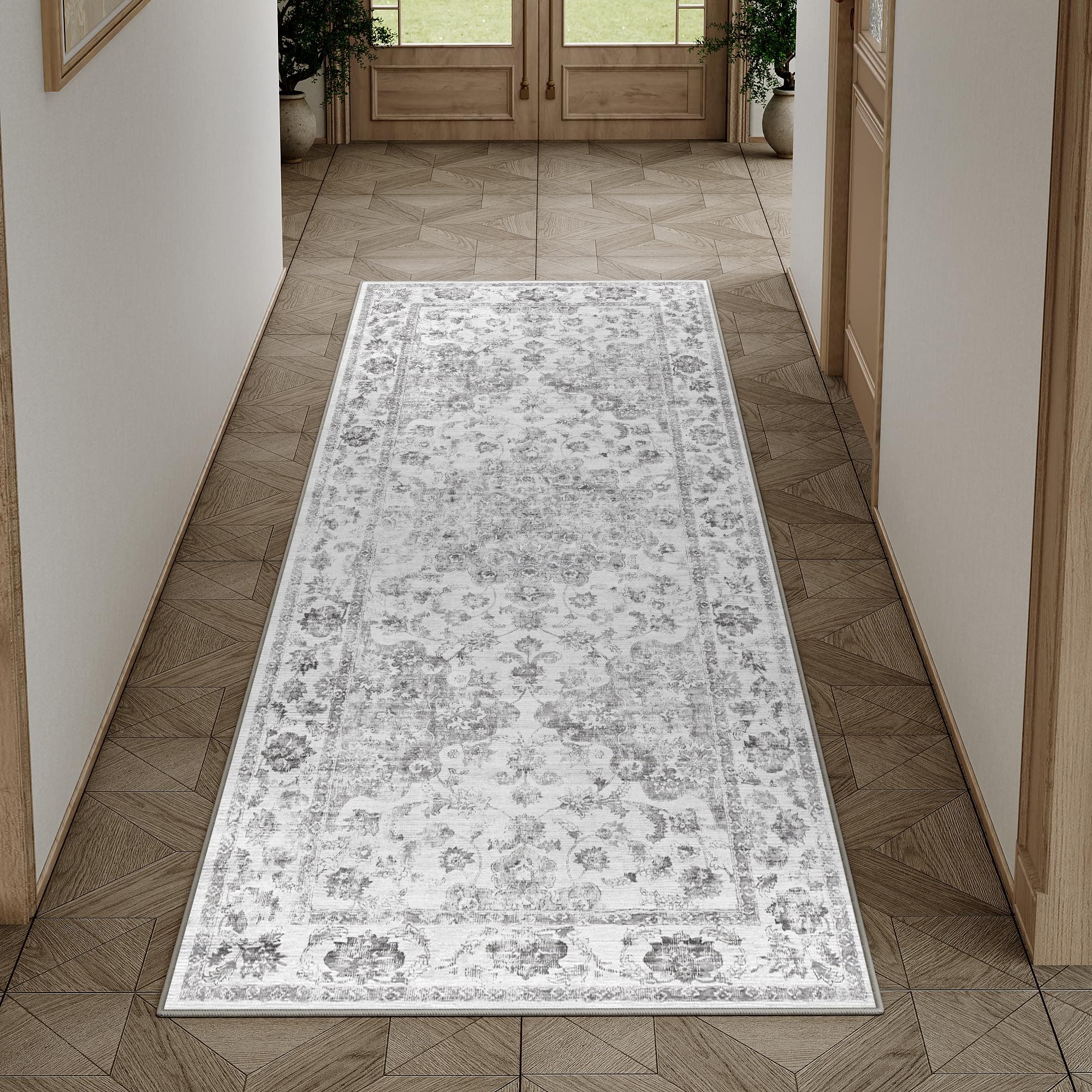 HUGEAR Vintage Grau Waschbarer Läufer Teppich Flur 60x180cm Bettvorleger Küchen Wohnzimmer Schlafzimmer Teppiche rutschfest Kurzflor Weich Flurläufer Teppichläufer Vintage Grau 60 x 180 cm (Läufer)
