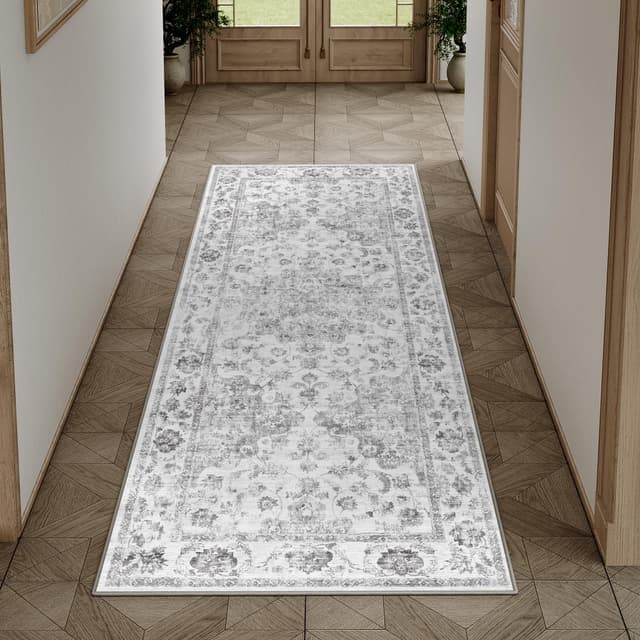 HUGEAR Vintage Grau Waschbarer Läufer Teppich Flur 60x180cm Bettvorleger Küchen Wohnzimmer Schlafzimmer Teppiche rutschfest Kurzflor Weich Flurläufer Teppichläufer Vintage Grau 60 x 180 cm (Läufer)