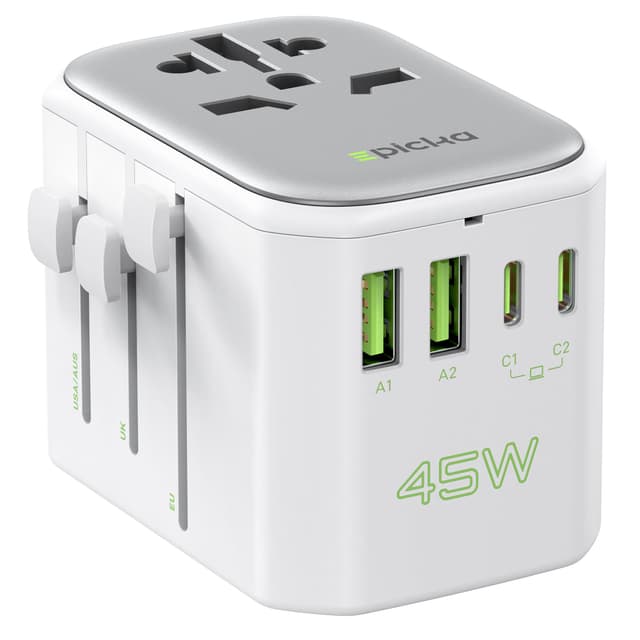 EPICKA Reiseadapter Weltweit,45W PD Fast Charge Universal Reisestecker Adapter mit 2 USB und 2 USB C, Travel Adapter für Europa USA Japan Korea Thailand Australien, Weiß