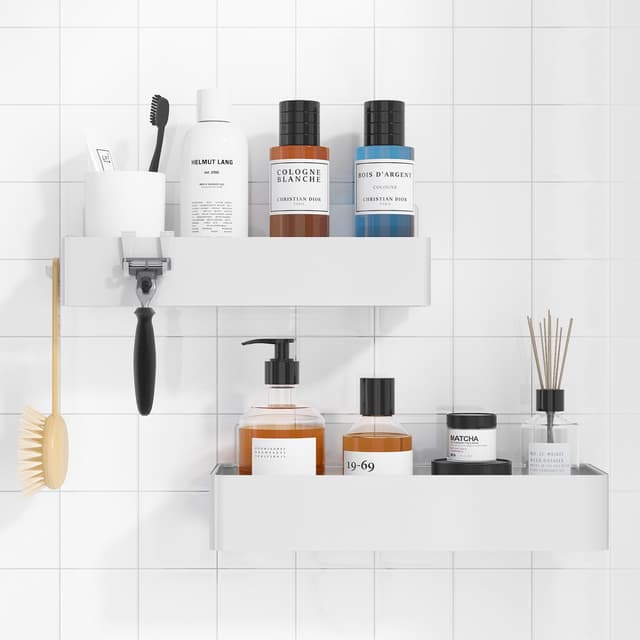 Kitsure Duschablage ohne Bohren - 2 Stück rostfreie Badezimmer Organizer, schnell trocknende Badregal ohne Bohren mit großer Kapazität, langlebige Shampoo Halterung für Duschel, Large, Weiß Large Weiß