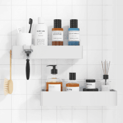 Kitsure Duschablage ohne Bohren - 2 Stück rostfreie Badezimmer Organizer, schnell trocknende Badregal ohne Bohren mit großer Kapazität, langlebige Shampoo Halterung für Duschel, Large, Weiß Large Weiß