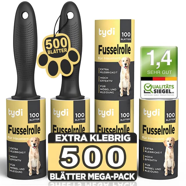 Tydi Fusselrolle Tierhaare – Extra Stark Klebende Fusselrolle Kleidung mit 2 Griffen – 500 Blätter Flusenroller Kleiderroller Fusselroller Tierhaare – Wiederverwendbare Nachfüllpack 500 Blatt und 2 Griffe