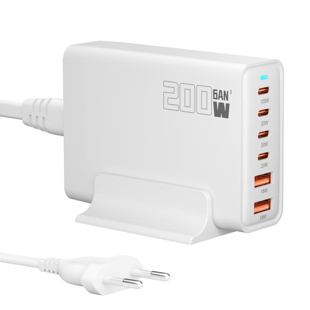 200W USB C Ladegerät, PD 100 W Schnellladegerät 6 Port Ladestation GaN-III Charger, Netzteile Kompatibel mit MacBook Pro/Air, Dell XPS, iPhone 15/16/14/Pro, Samsung, Xiaomi, iPads, Steam Deck Weiß