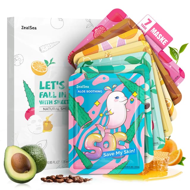 Tuchmasken Gesicht, Masken Beauty, Zealsea Natürlich Gesichtsmaske für Teenager Mädchen Geschenke, Pamper Tuchmaske Beauty Set für Kinder & Frauen Spa Party, Feuchtigkeitsspendend, Beruhigend 7Stück Natürliche Kollektion 7 Stück