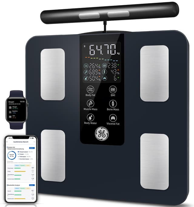 GE Körperfettwaage Smart Waage Personen: Digitale Waage mit Körperfett und Muskelmasse 8-Elektroden Körperfettwaage mit Handsensoren BMI Körpergewicht Muskelmasse Analysegerät,180 kg/400 lbs Dark-Blue