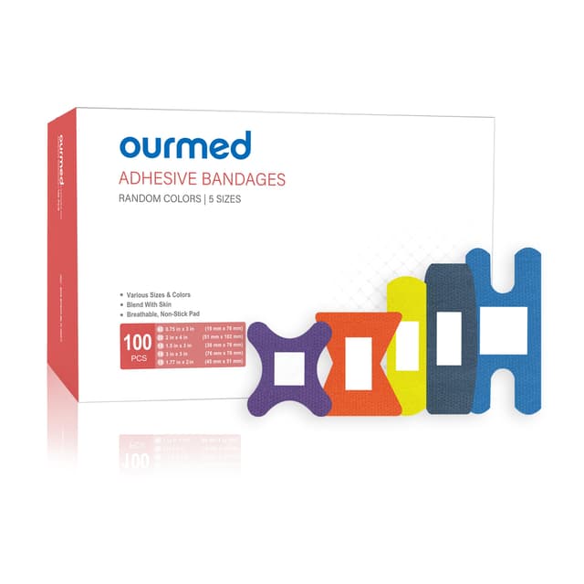 Ourmed Flexible Pflaster mit Non-Stick-Pad, Latex frei, Regenbogenfarben Klebebandage Erste-Hilfe-Wundversorgung für Schnitte, Schürfwunden, Blasen, sortierte Größen, 100 Stück Universal 100 stück