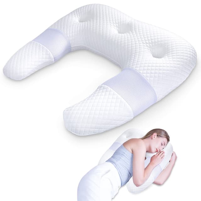 SAHEYER Seitenschläferkissen, U-förmiges Memory Foam Nackenkissen Ergonomisches Orthopädisches Nackenstützkissen mit Ohr-Haltebereichen Bettkontur-Kissen für Nacken-Schulter-Schmerzlinderung (Weiß) Weiß 60,8 × 65 × 12 CM