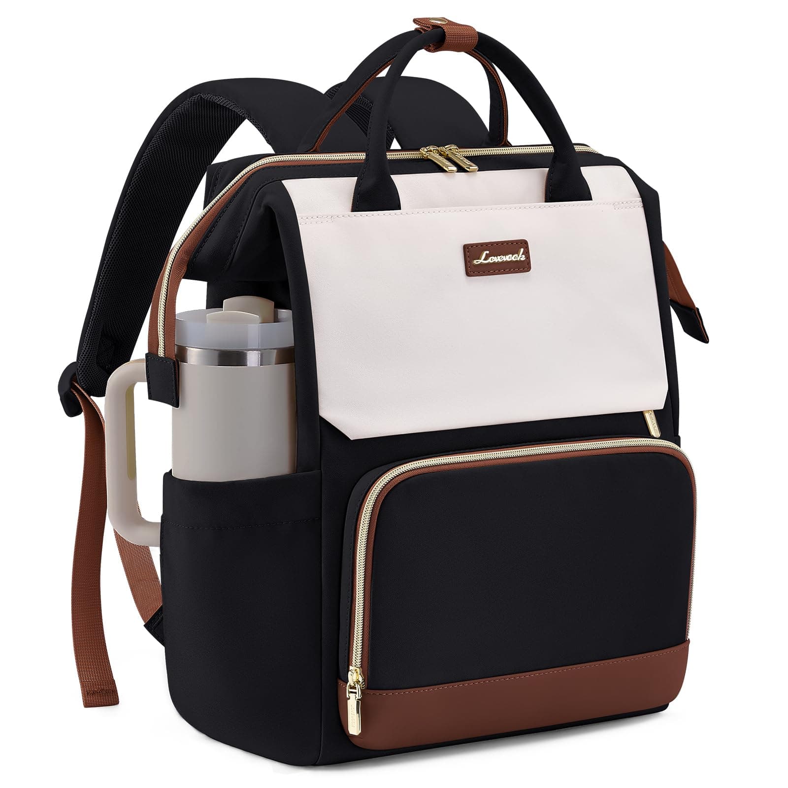 LOVEVOOK Rucksack Damen 15,6 Zoll Laptop Schulrucksack Teenager Mit Großer Trinkflaschentasche Schultasche Elegant Travel Backpack Women Uni School Bag Tagesrucksäcke Wasserdicht für Reise Schule Work 15.6 Zoll Beige Schwarz Braun