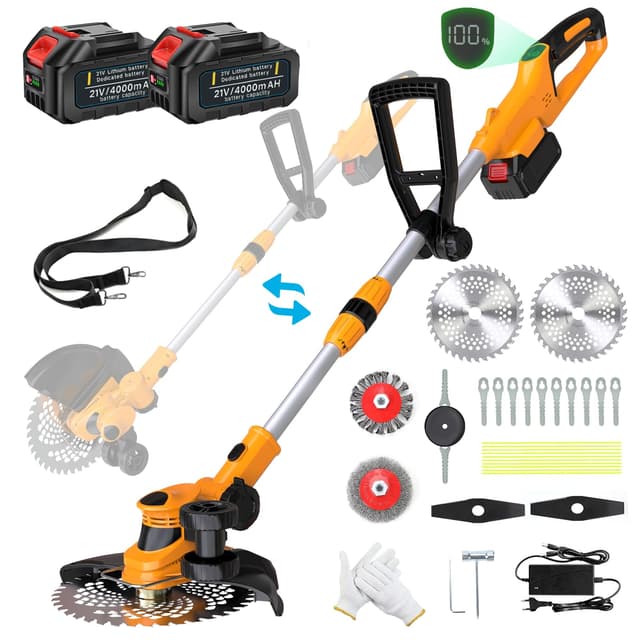 Rasentrimmer mit Akku und Unkrautbürste, Akku Rasentrimmer für Makita Akku, Bürstenlose Freischneider Akku 21V - 2x4,0Ah Akku, 5 Arten Klingen, für Trimmer Garten (Orange)