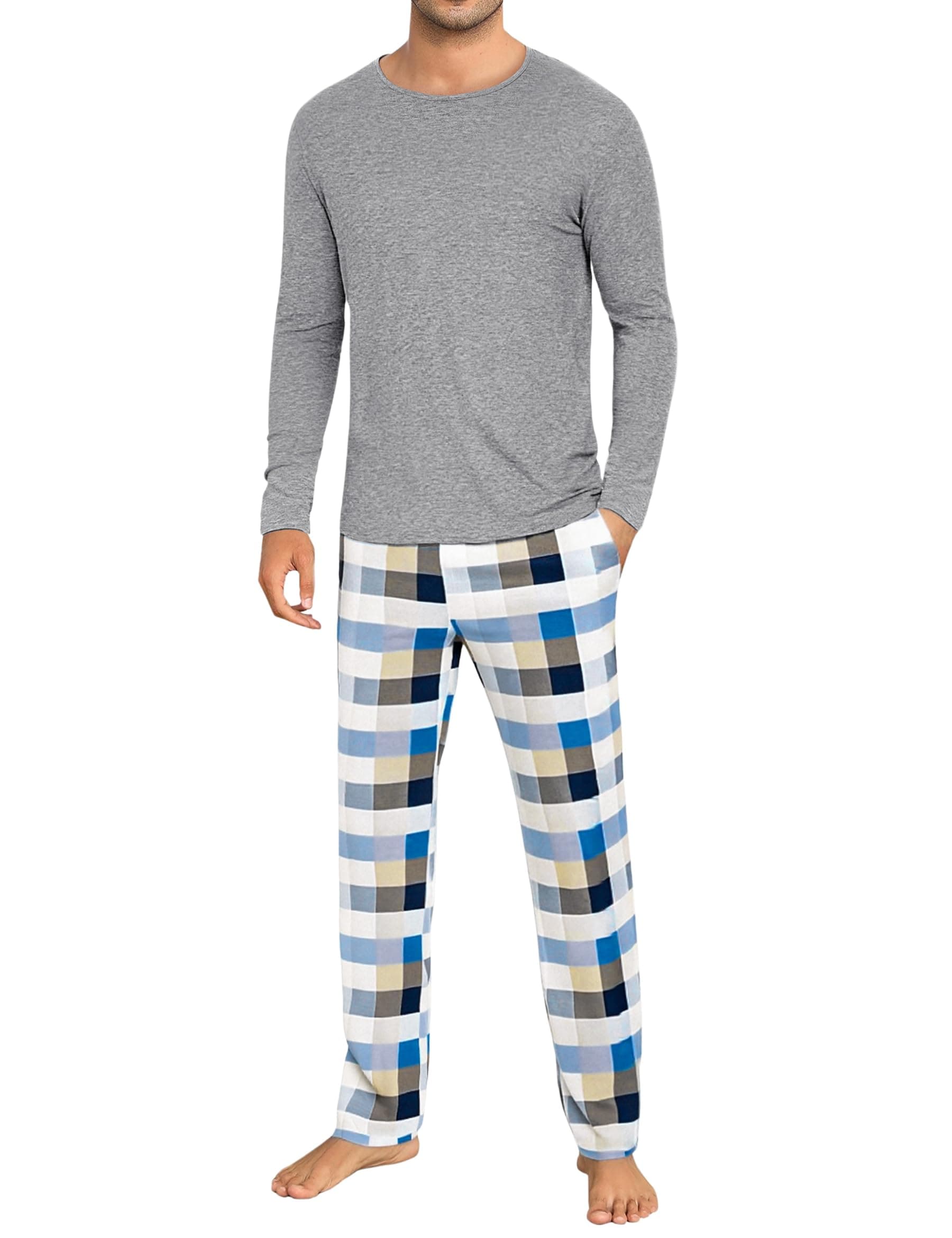 Uniexcosm Schlafanzug Herren Zweiteiliger Lang Baumwolle Pyjama Set Nachtwäsche Langarm Oberteil und Karierte Schlafanzughose Sleepwear Hausanzug