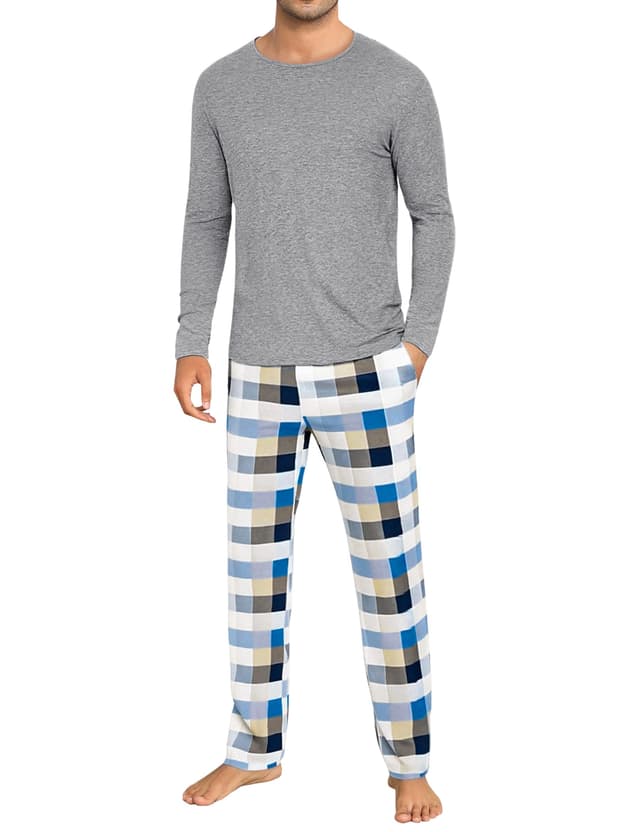 Uniexcosm Schlafanzug Herren Zweiteiliger Lang Baumwolle Pyjama Set Nachtwäsche Langarm Oberteil und Karierte Schlafanzughose Sleepwear Hausanzug