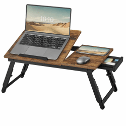 SONGMICS Laptoptisch für Bett, Laptopständer, Winkel- und höhenverstellbar, klappbare Beine, für Laptops bis 15,6 Zoll, Arbeiten, Lesen, Frühstücken, Bambusbeine, Schublade, vintagebraun LLD105B01 Vintagebraun Holzwerkstoff
