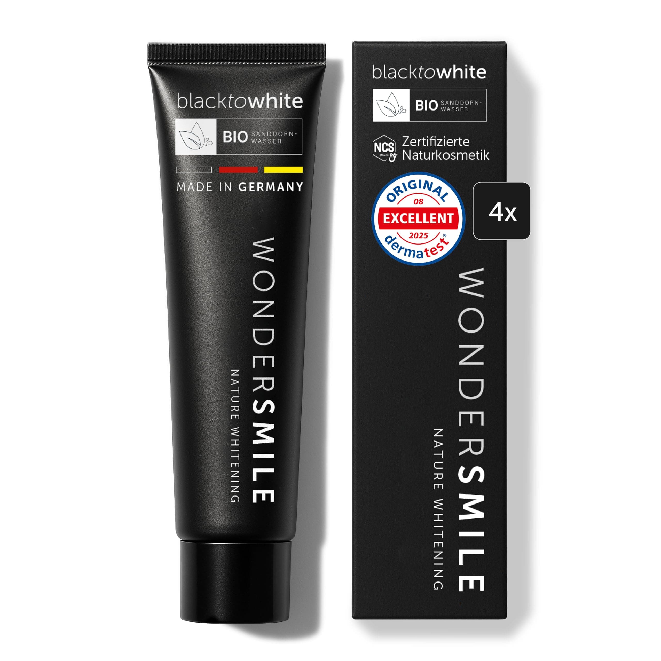 Wondersmile Aktivkohle Zahnpasta Mint – sanftes Whitening - Fluorid 1450 ppm - inkl. BIO Sanddornwasser & Hyaluron - NCS-zertifizierte Naturkosmetik - 100% vegan (4er Pack) 75 ml (4er Pack)