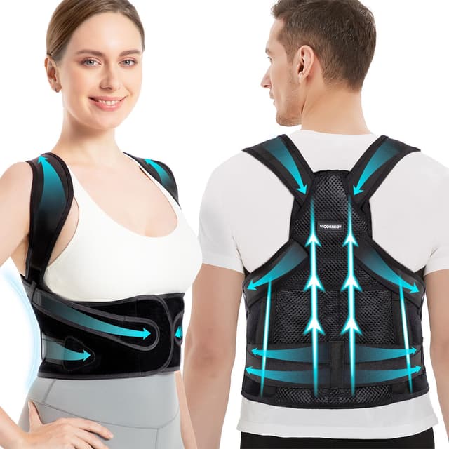 Vicorrect Posture Corrector für Frauen und Männer: Rückenstützband zur Linderung von Schmerzen im oberen Rücken und in den Schultern (Schwarz, M) Schwarz M