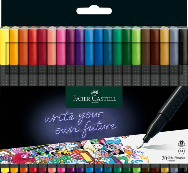 Faber-Castell 151620 Box mit 20 Grip Finelinern, 0,4mm Fineliner Stifte mit ergonomischem Griff, Zeichnungs- und Faserstifte mit feiner Spitze für Erwachsene, Lebendige farbige Kunststifte 20 stück (1er Pack) Basic