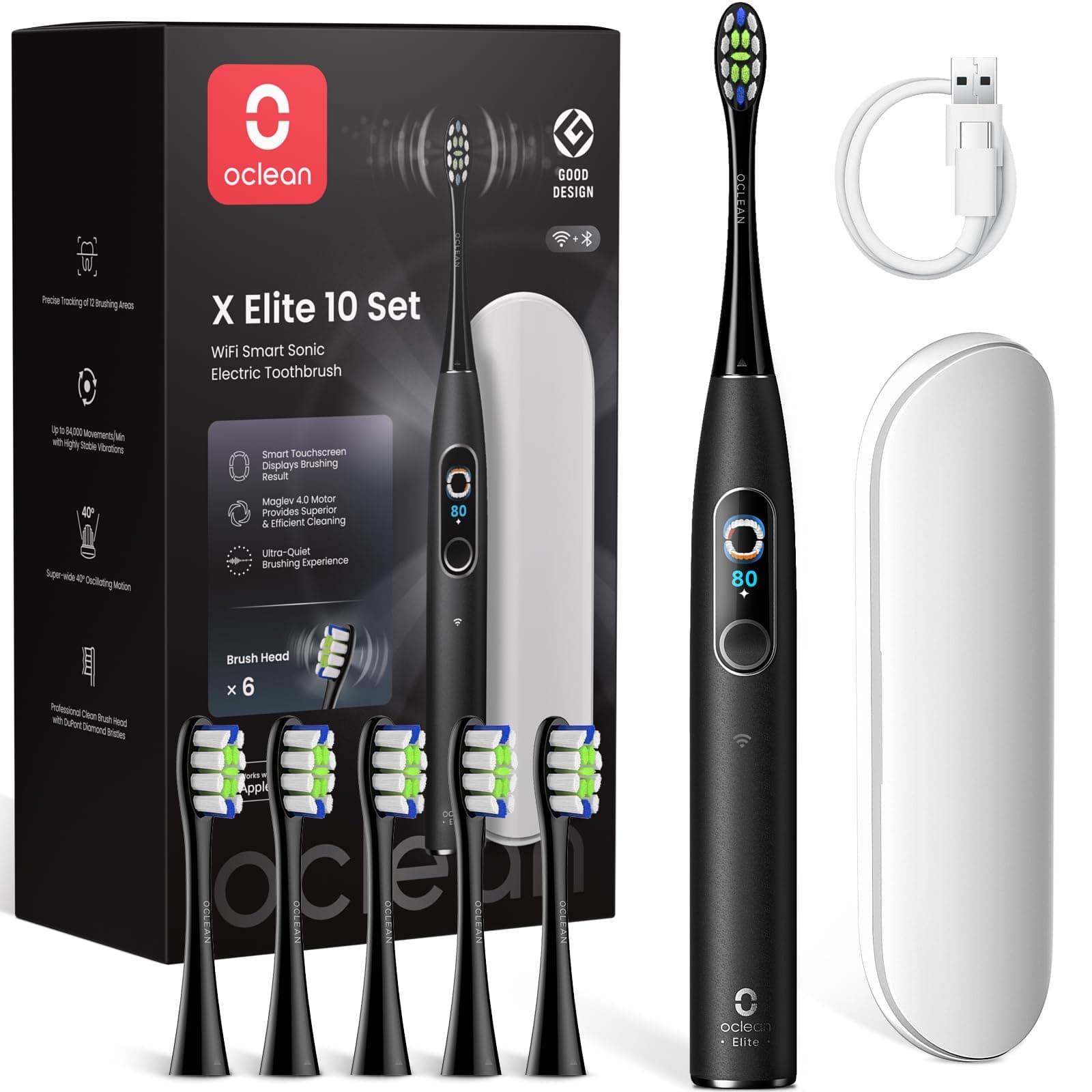 Oclean elektrische Zahnbürste X Elite 10 Set, 5 Putzmodi Schallzahnbürste mit Timer, 12 Bereichsverfolgung, Reisezahnbürste mit Reiseetui,Sonic Electric Toothbrush mit 6 Bürstenköpfe, 45dB, Schwarz Schwarz 6 Stücke