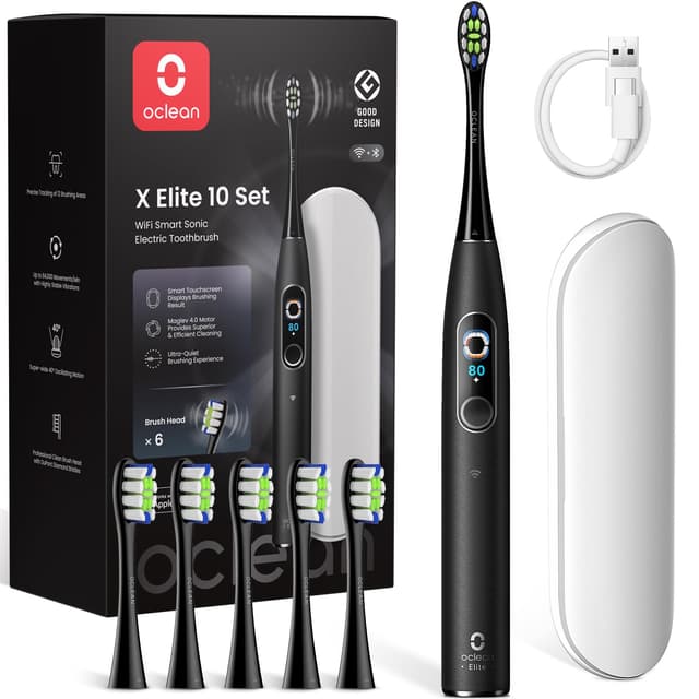 Oclean elektrische Zahnbürste X Elite 10 Set, 5 Putzmodi Schallzahnbürste mit Timer, 12 Bereichsverfolgung, Reisezahnbürste mit Reiseetui,Sonic Electric Toothbrush mit 6 Bürstenköpfe, 45dB, Schwarz Schwarz 6 Stücke