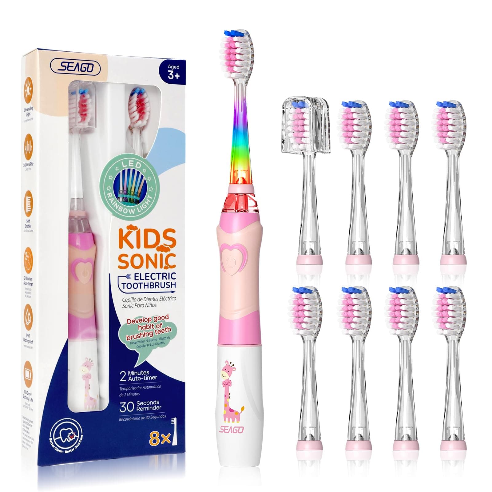 Seago Elektrische Zahnbürste Kinder mit 8 Extra Weiche Aufsteckbürste und 4 Persönliche Modi, LED Licht, Smart Timer, IPX7 Wasserdicht, Kinder Schallzahnbürste ab 3 Jahre, SG977(Rosa)
