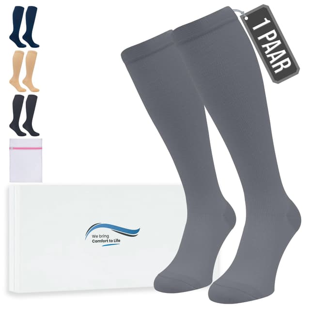 360 Relief Kompressionsstrümpfe Damen und Herren - 1 Paar Kompressionssocken Einfarbig für Sport, Laufen, Flug, Reise, Joggen, Radsport, kniestrümpfe, XXL Grau mit Wäschenetz XXL 1paar-grau