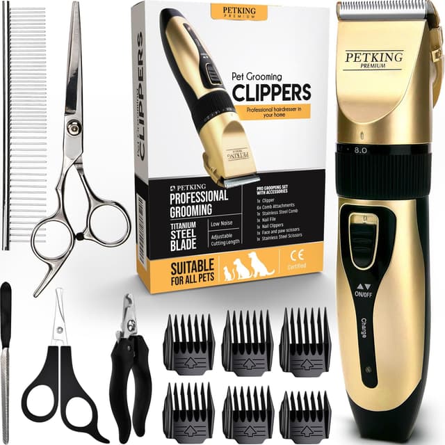 PetKing Premium Hundehaarschneider Hundepflege Set Für Dickes Fell – Tierhaarschneider Set Für Hunde Und Katzen – Hunde Haarschneidemaschine Trimmer Rasierer Set Mit Geringer Lautstärke Gold