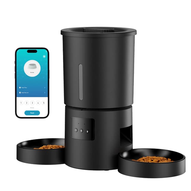 Futterautomat Katze 2 Näpfe mit APP: 5L Automatischer Futterspender mit 2.4G WiFi Timer für Trockenfutter - AONBOY Doppelnapf Design für Mehrkatzenhaushalte & Hunde - Schwarz