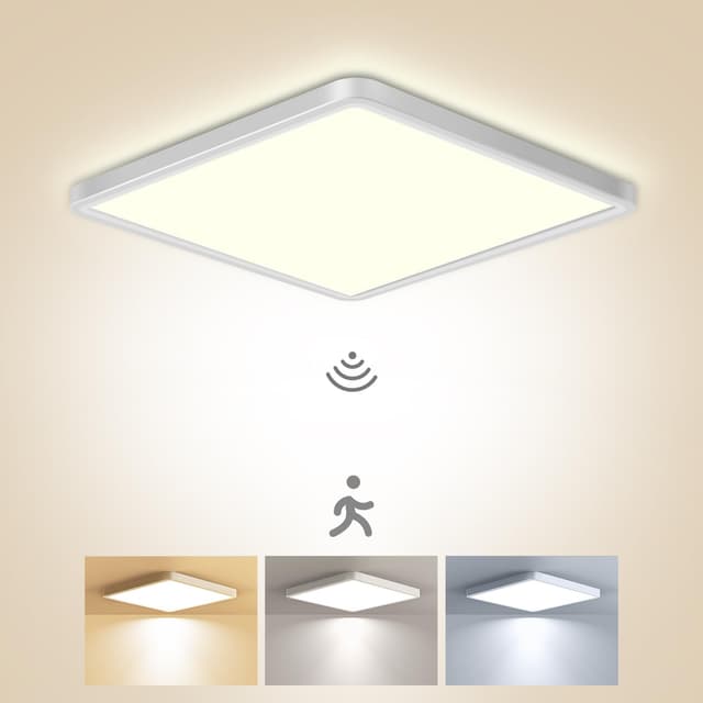 zemty Lampe mit Bewegungsmelder Innen, 22cm 18W Deckenlampe mit Bewegungsmelder, 3000K/4000K/6500K Deckenleuchte mit Bewegungsmelders, 1800LM Deckenlampe für Flur Treppe Abstellraum Keller Quadratisch Weiß 18w 22CM-1 Stück