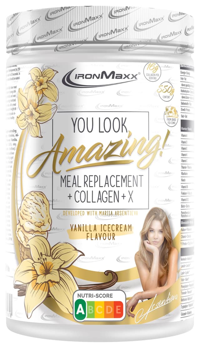 IronMaxx Amazing Food Mahlzeitenersatz + Collagen + X - Vanilla Ice Cream - 550g Dose | Mit Collagen, High Protein und Glutenfrei, mit hochwertigem Kollagen, In Kooperation mit Mariia Vanilla Ice Cream 550 g (1er Pack)