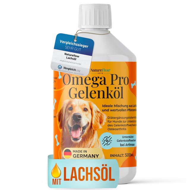 Omega Pro Gelenköl Mix TESTSIEGER - Besser als reines Lachsöl Hund für Gelenkstoffwechsel bei Arthrose - Ideales Omega 3/6 Profil aus Fischöl (Lachsöl für Hunde) mit Leinöl, Hanföl, Borretschöl Gelenköl 500ml