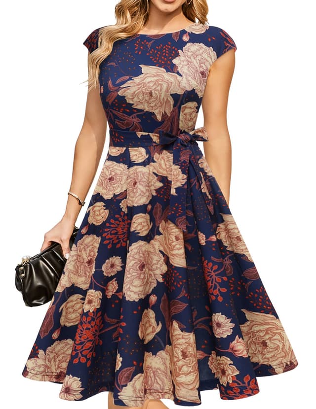 DRESSTELLS Cocktailkleid Damen Elegant 1950er Knielang Rockabilly Hochzeitkleid Vintage A-Line Swing Festlich Midilang Sommer Kleid