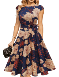 DRESSTELLS Cocktailkleid Damen Elegant 1950er Knielang Rockabilly Hochzeitkleid Vintage A-Line Swing Festlich Midilang Sommer Kleid
