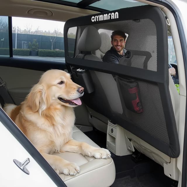 Hundegitter für Auto Rücksitz & Kofferraum mit Breiterer Abdeckung, Universal Fit für Auto, SUV & Vans, Hunde Auto Trenngitter mit Transparentem Netz und Stabilem Metallrahmen Hundeschutzgitter Groß