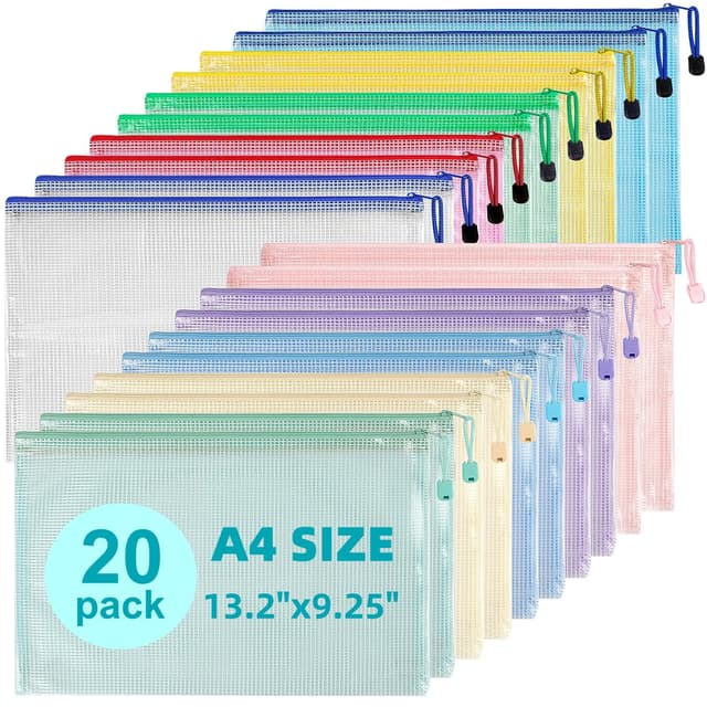 Mutsitaz 20 Stück Dokumententasche A4, A4 Plastic Wallets File Bags, Dokumentenmappe mit Reißverschluss, Mesh Kunststoff Dokumententasche A4, für Datei Taschen, Papier, Dokumente, Kosmetika A4-20Pcs