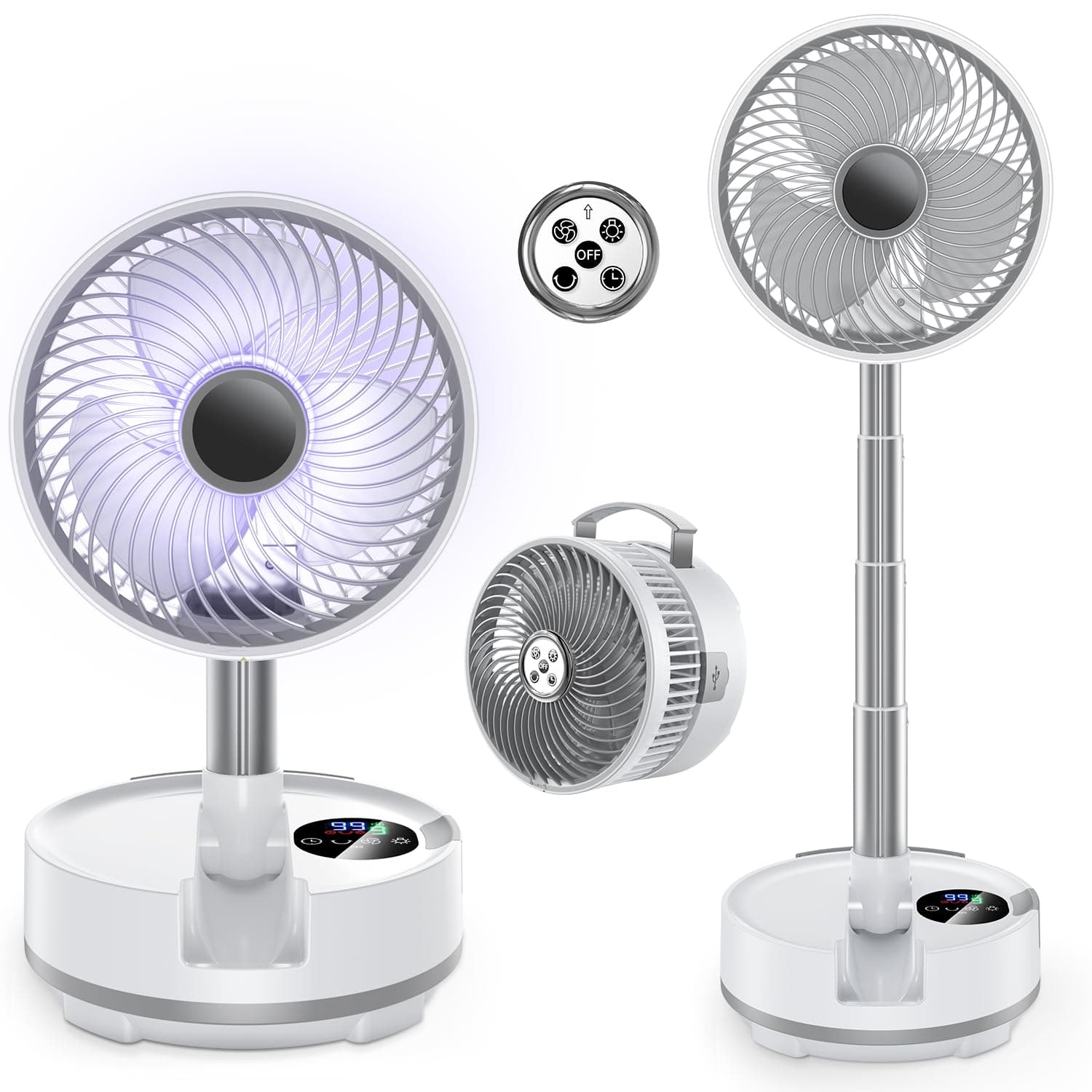 8" Ventilator Oszillierend Standventilator mit Fernbedienung 20000 mAh,LED Leuchten,Akku Batterie Ventilator Leise USB Tragbarer Tischventilator Floor Fan für Camping Reisen Hause Schlafzimmer (Weiß)