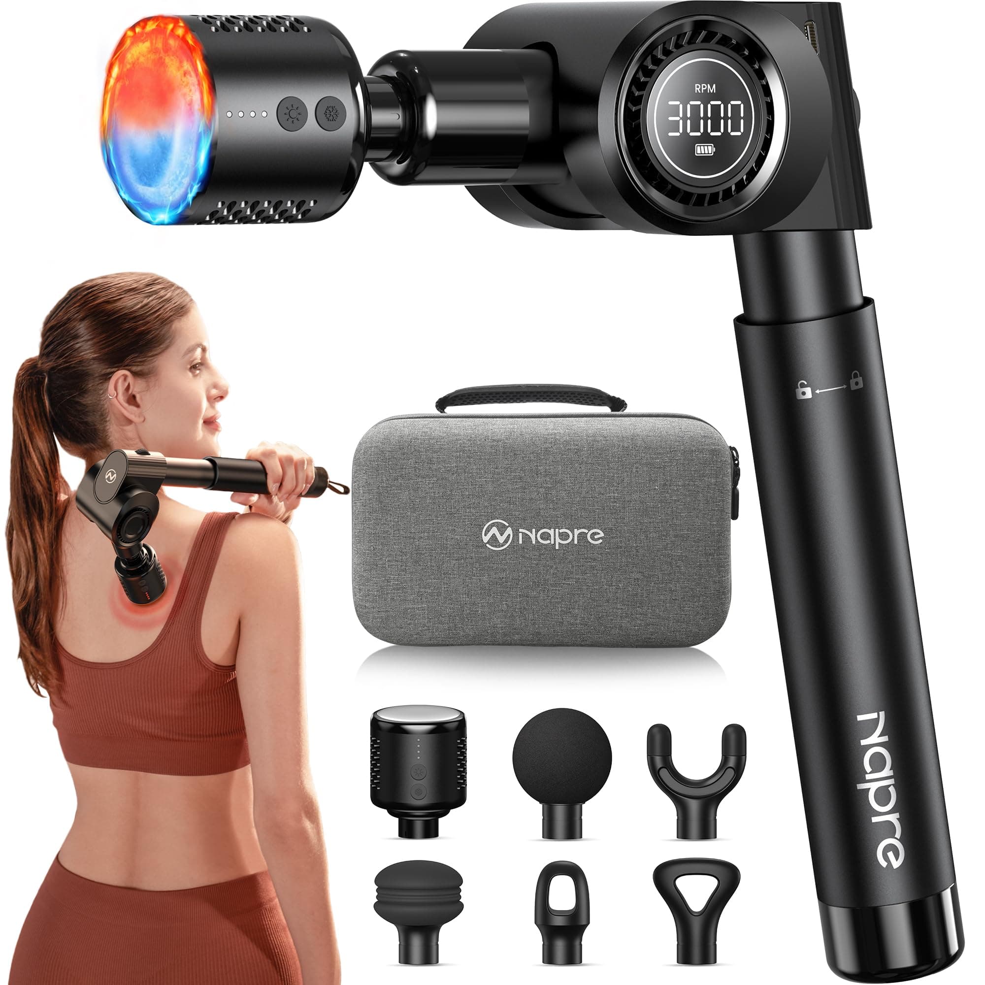 Massagepistole mit Wärme und Kälte,Napre Massage Gun Massage Pistole mit Verlängerung,Muskel Percussion Massagegerät für Schulter Körper Rücken Entspannung,32 Geschwindigkeiten,Faltbar mit 5 Winkeln Schwarz-hitze & Kälte