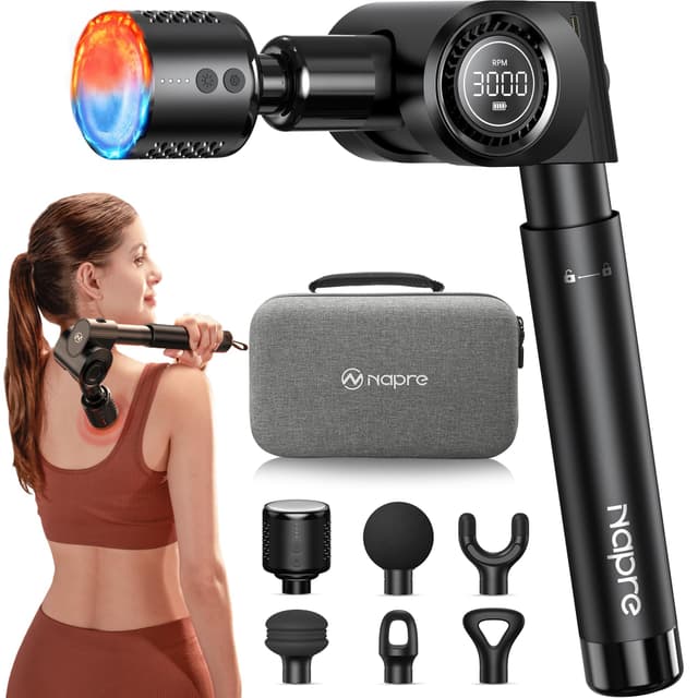 Massagepistole mit Wärme und Kälte,Napre Massage Gun Massage Pistole mit Verlängerung,Muskel Percussion Massagegerät für Schulter Körper Rücken Entspannung,32 Geschwindigkeiten,Faltbar mit 5 Winkeln Schwarz-hitze & Kälte