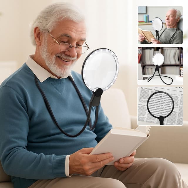 5X Hände-freie Lupe zum Umhängen,3-in-1 Tischlupe, Handlupe und Halsband-Freisprechlupe,Vergrößerungsglas für Senioren,Lesehilfe für kleine Drucke,Low Vision Senioren mit alternden Augen Led Schwarz