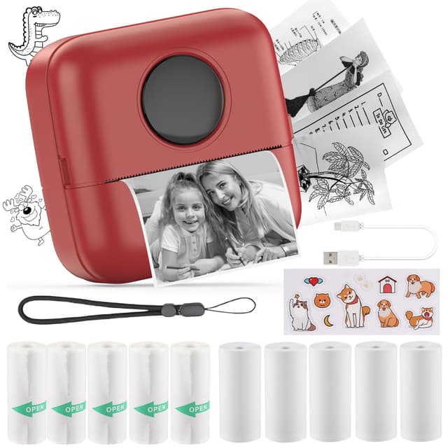 HuiJuKeJi Mini Drucker, Taschendrucker, Mini Fotodrucker für Smartphone, Sticker Drucker, Thermo Fotodrucker für Journal, Reisen Logo, Notizen, Journal, Liste, Memo (Red)
