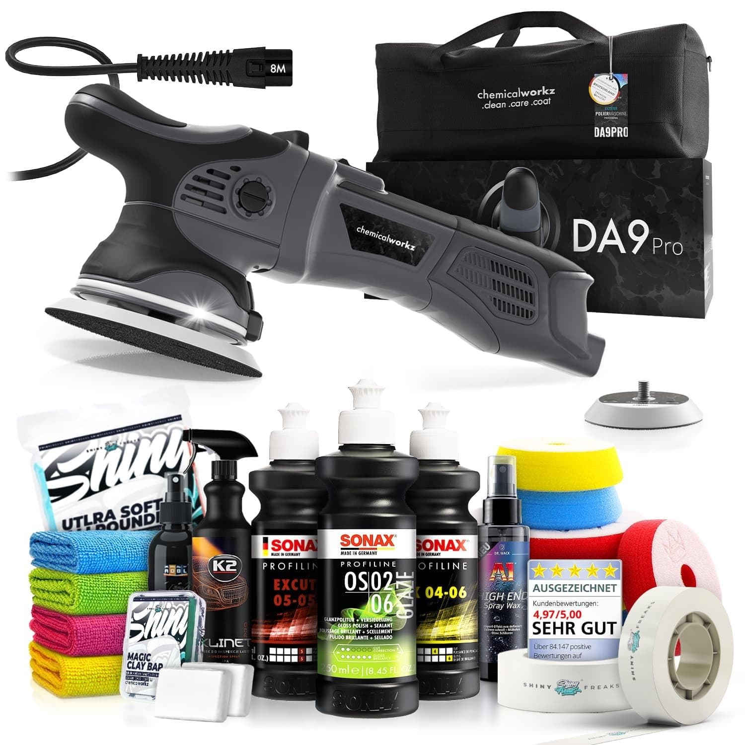 Poliermaschinen Set: chemicalworkz DA9 Pro Exzenter Poliermaschine + Sonax Politur Set + Royal Pads Premium Polierpads + Dr. Wack Versiegelung für Lack + Zubehör | 20-teilig Sonax ALL-INCLUSIVE