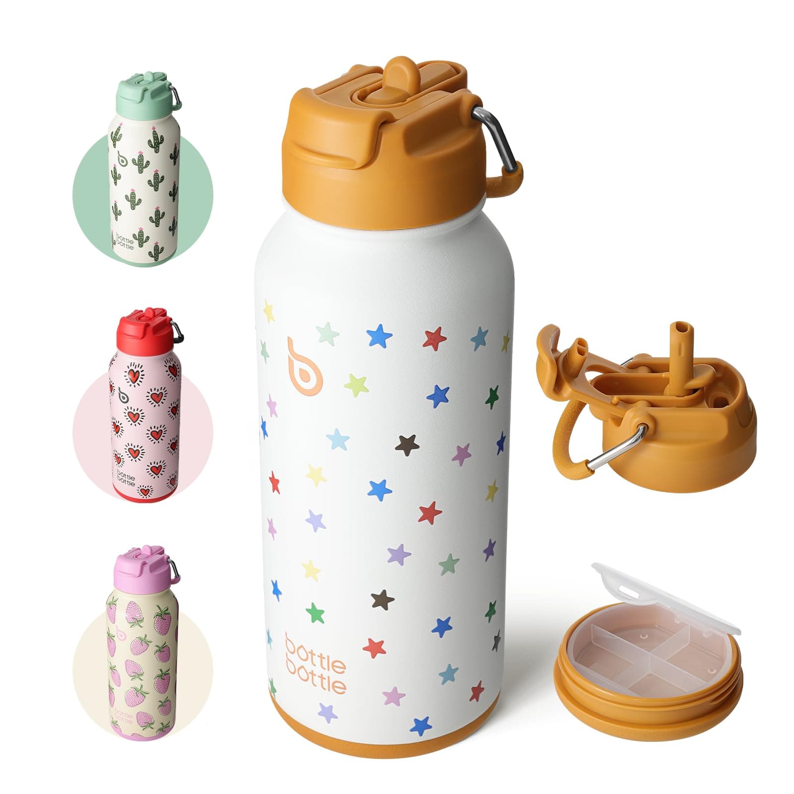 bottlebottle BOTTLE BOTTLE Edelstahl Trinkflasche 1L mit Strohhalm – Auslaufsichere Isolierflasche für Sport & Fitnessstudio, mit Pillenfach, BPA-frei, doppelwandig (Sternenpop)