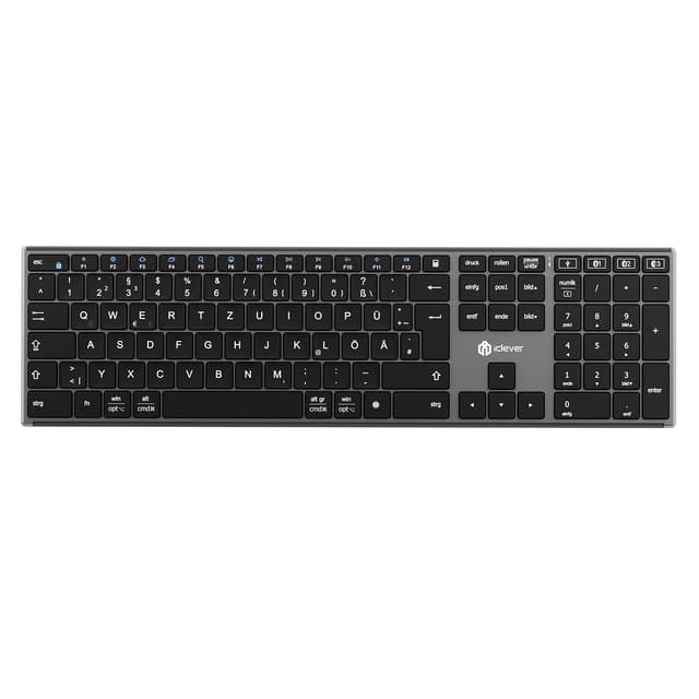 iClever Tastatur Kabellos, Bluetooth Tastatur mit 3 Bluetooth Kanälen, Kabel oder Kabellose, Wiederaufladbar, Deutsches QWERTZ Layout, für Mac, Windows, iOS, Chrome OS