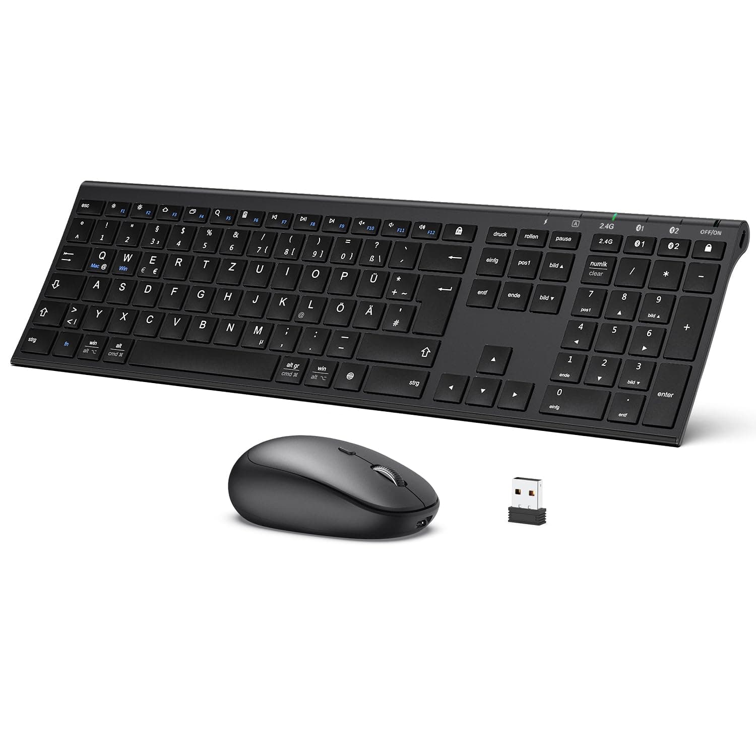 iClever Bluetooth Tastatur mit Maus, Wiederaufladbare Dualmodus USB & Bluetooth Tastatur aus Metall, Ultradünne Leise Tastatur Maus Set kabellos für PC/Tablet/MacOS, QWERTZ Layout black