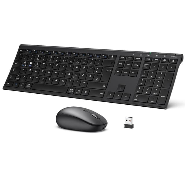 iClever Bluetooth Tastatur mit Maus, Wiederaufladbare Dualmodus USB & Bluetooth Tastatur aus Metall, Ultradünne Leise Tastatur Maus Set kabellos für PC/Tablet/MacOS, QWERTZ Layout black