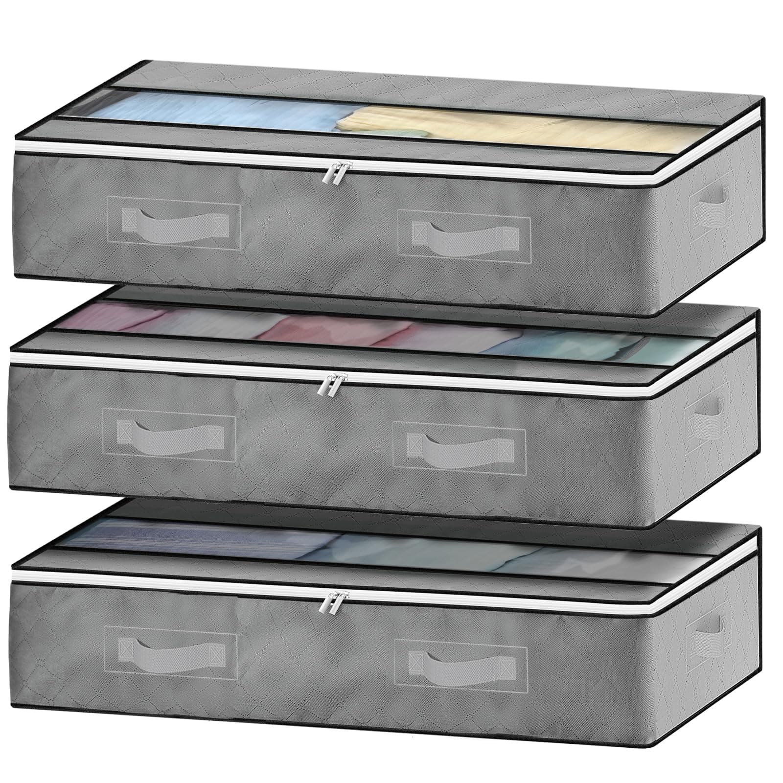 GoMaihe Unterbett Aufbewahrungsbox 3 Set Unterbettkommode Aufbewahrungstasche Unterbettbox Organizer mit Reißverschluss und Griff Faltbare Aufbewahrung für Kissen Kleidung Decken Bettdecken Grau 90L x 3
