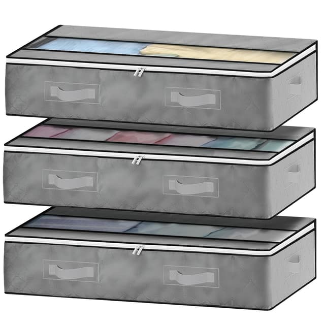 GoMaihe Unterbett Aufbewahrungsbox 3 Set Unterbettkommode Aufbewahrungstasche Unterbettbox Organizer mit Reißverschluss und Griff Faltbare Aufbewahrung für Kissen Kleidung Decken Bettdecken Grau 90L x 3