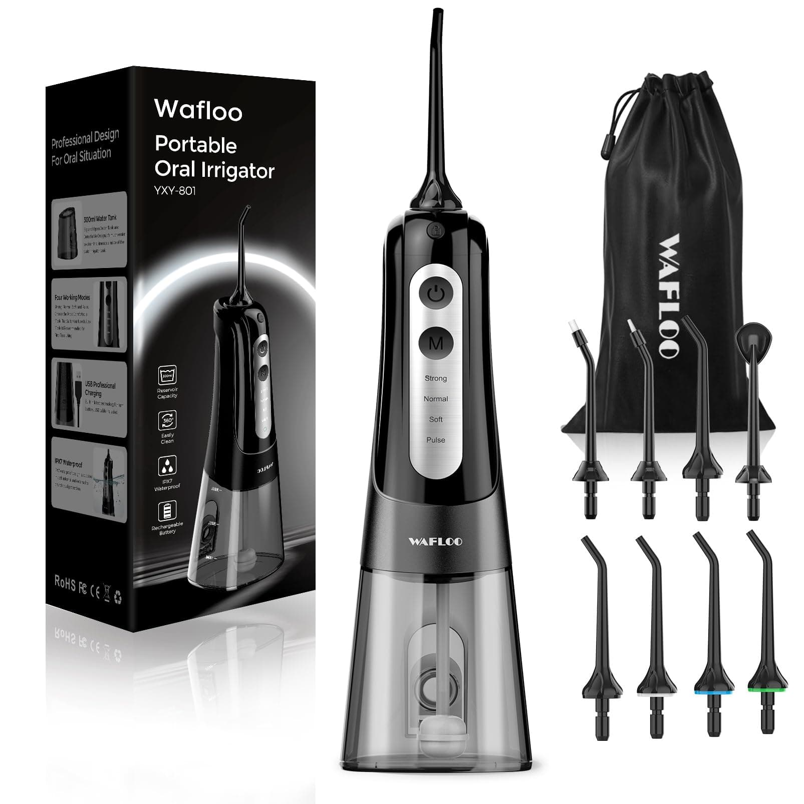 WAFLOO Munddusche Kabellos Elektrisch, Tragbarer Water Flosser mit 5 Modi & 8 Jet-Düsen, 300ML Wassertank, IPX7 Wasserdicht, Familien & Reisen Schwarz
